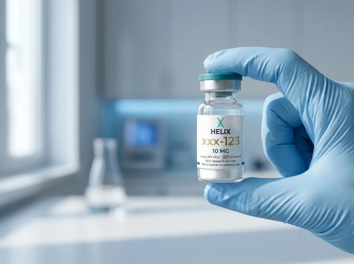 A gloved hand holding a HELIX vial in a lab