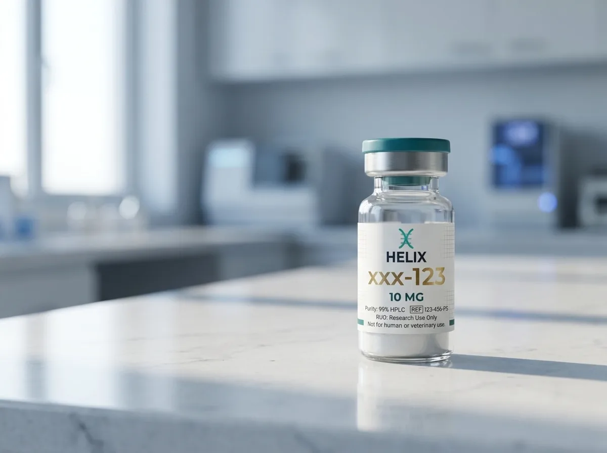 A HELIX vial on a laboratory bench in soft daylight
